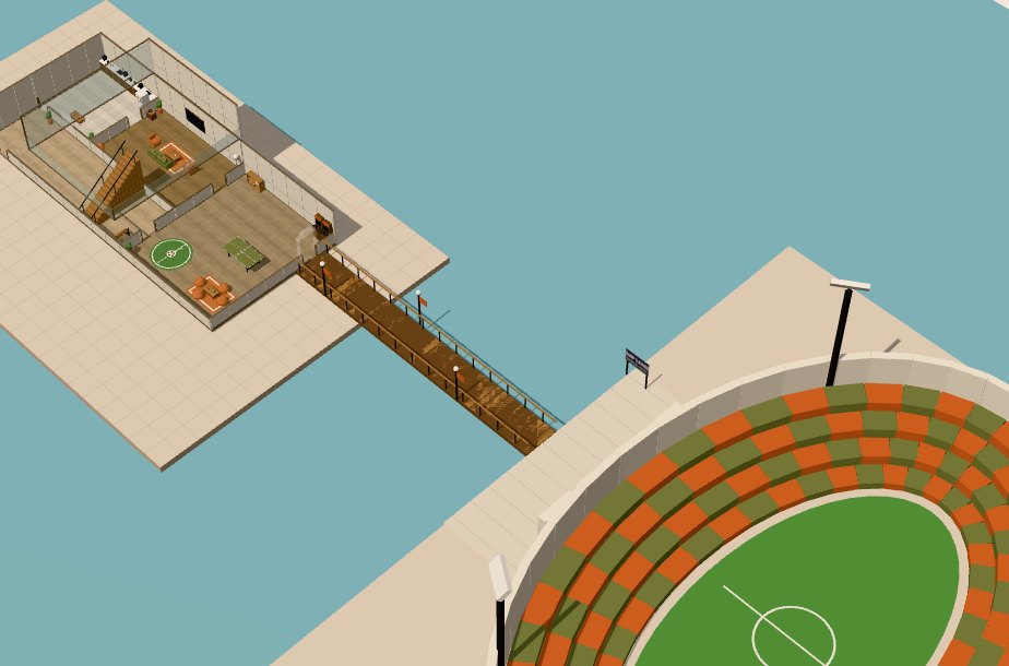 A Gameworks space: a house with a game room, joined by a bridge to a stadium